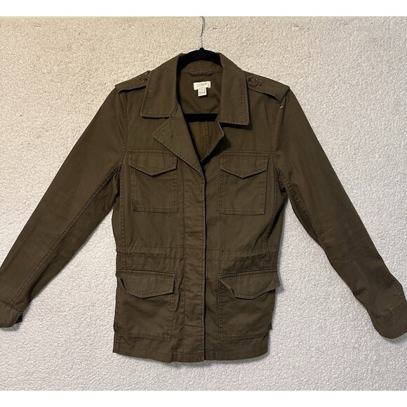 J. Crew‎ Utility Field Jacket Button Up Military Cargo Twill Brown Khaki Women S - Picture 1 of 16